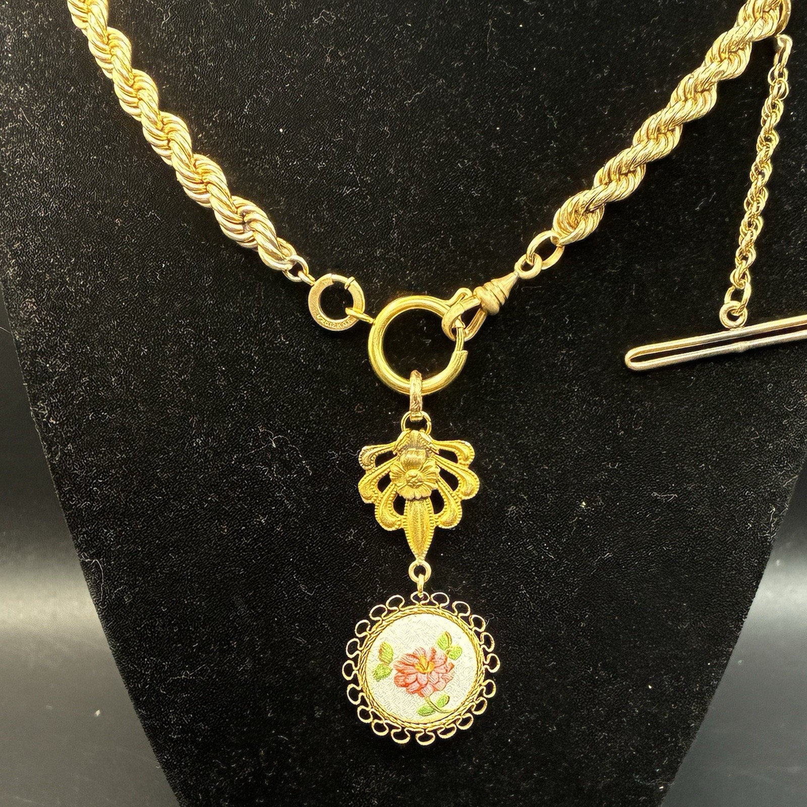 30g Vintage 12k Gold Filled Pocket Watch Chain FOB, Dog Clip T-Bar, GF Guilloche