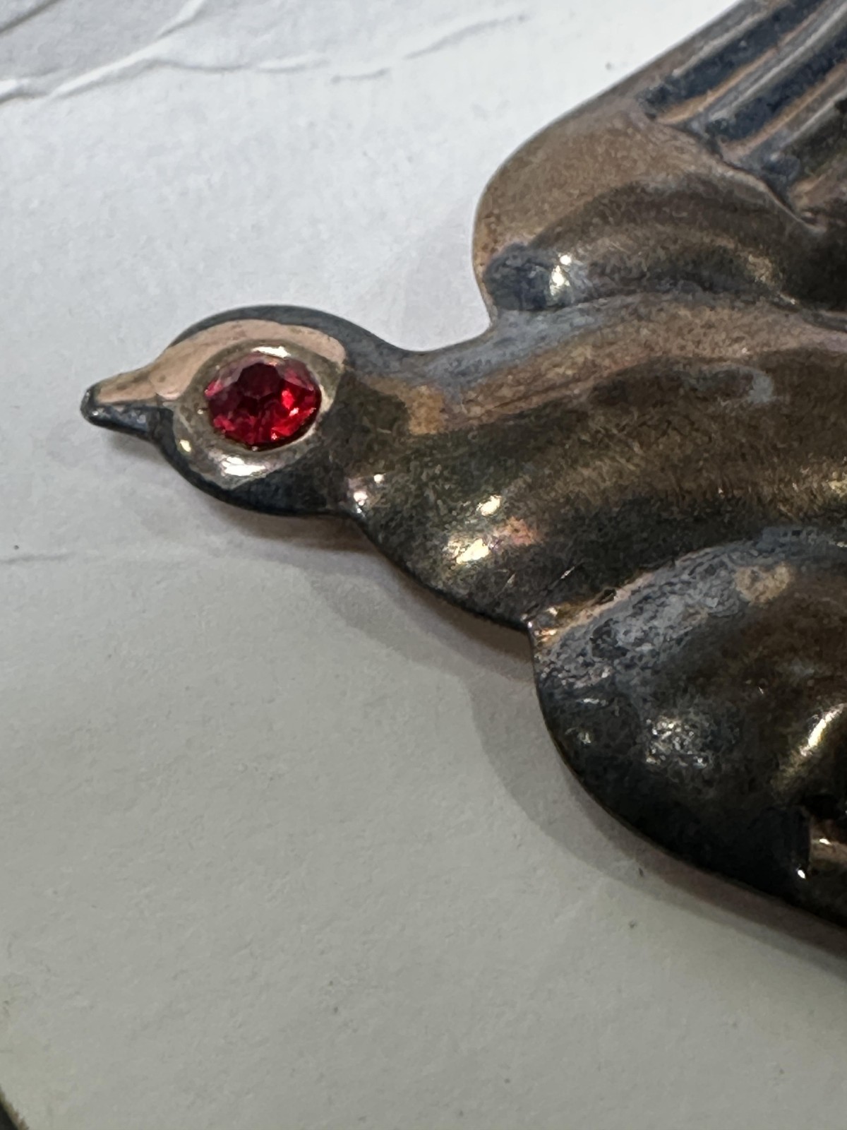 Vintage Sterling Silver Flying Swallow Bird Brooch Pin Red Glass Rhinestone Eye