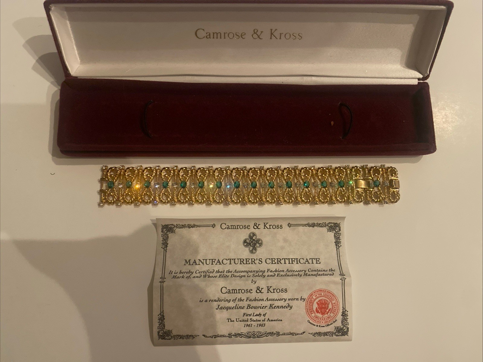 Camrose & Kross Jackie Kennedy Diamanté Emerald Crystal Gold Bracelet JBK