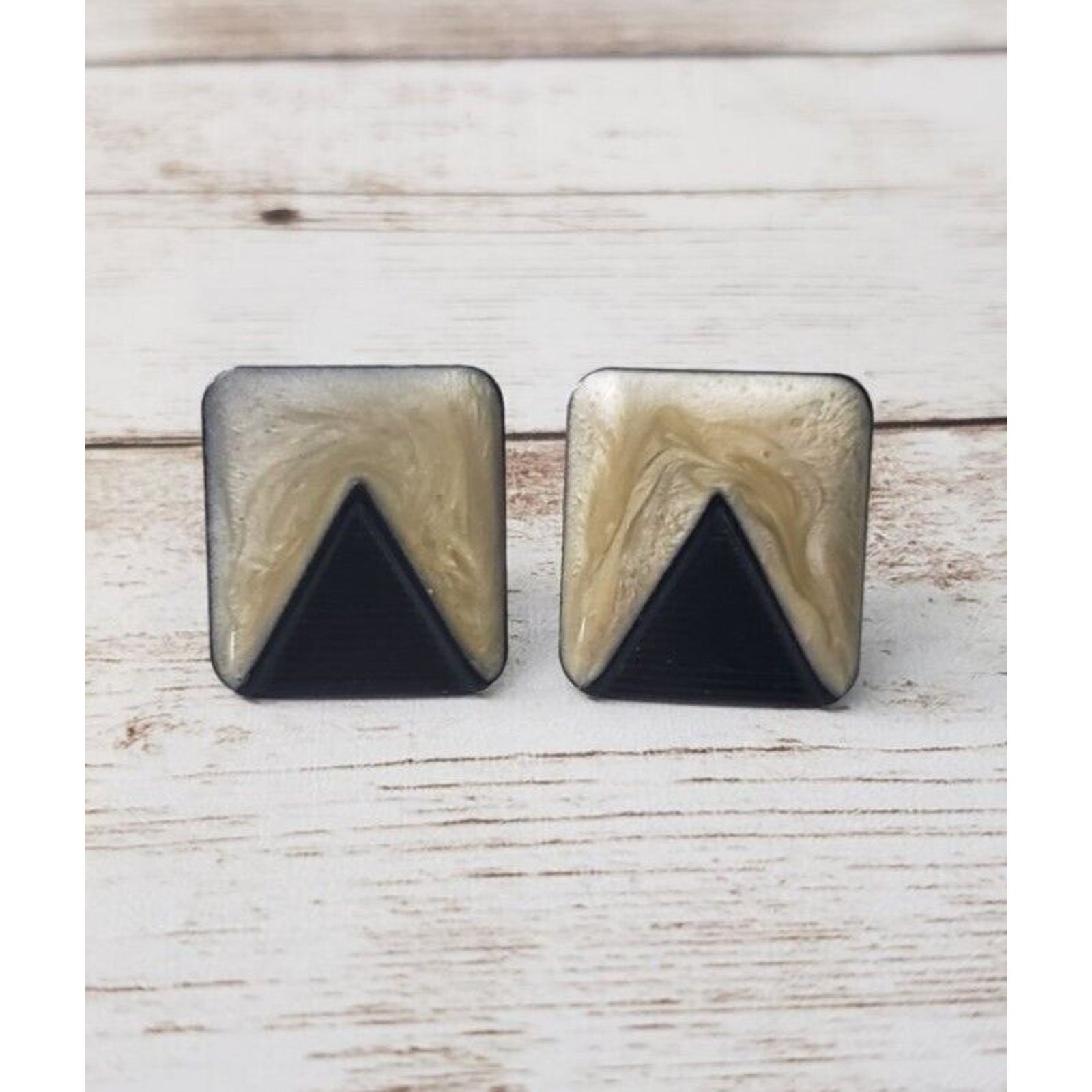 Vintage Clip On Earrings – Beige Rectangle with Black Triangle