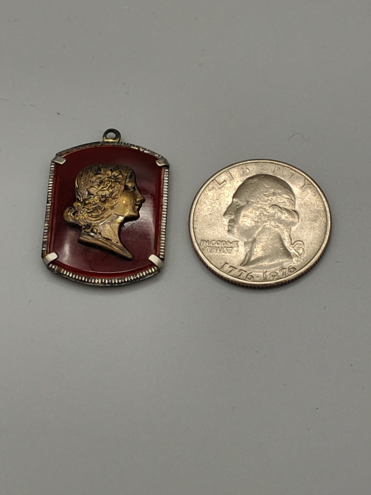 Gold Portrait Cameo Pendant Rectangle Oval Red Medium Size Circa 1920’s Gorgeous
