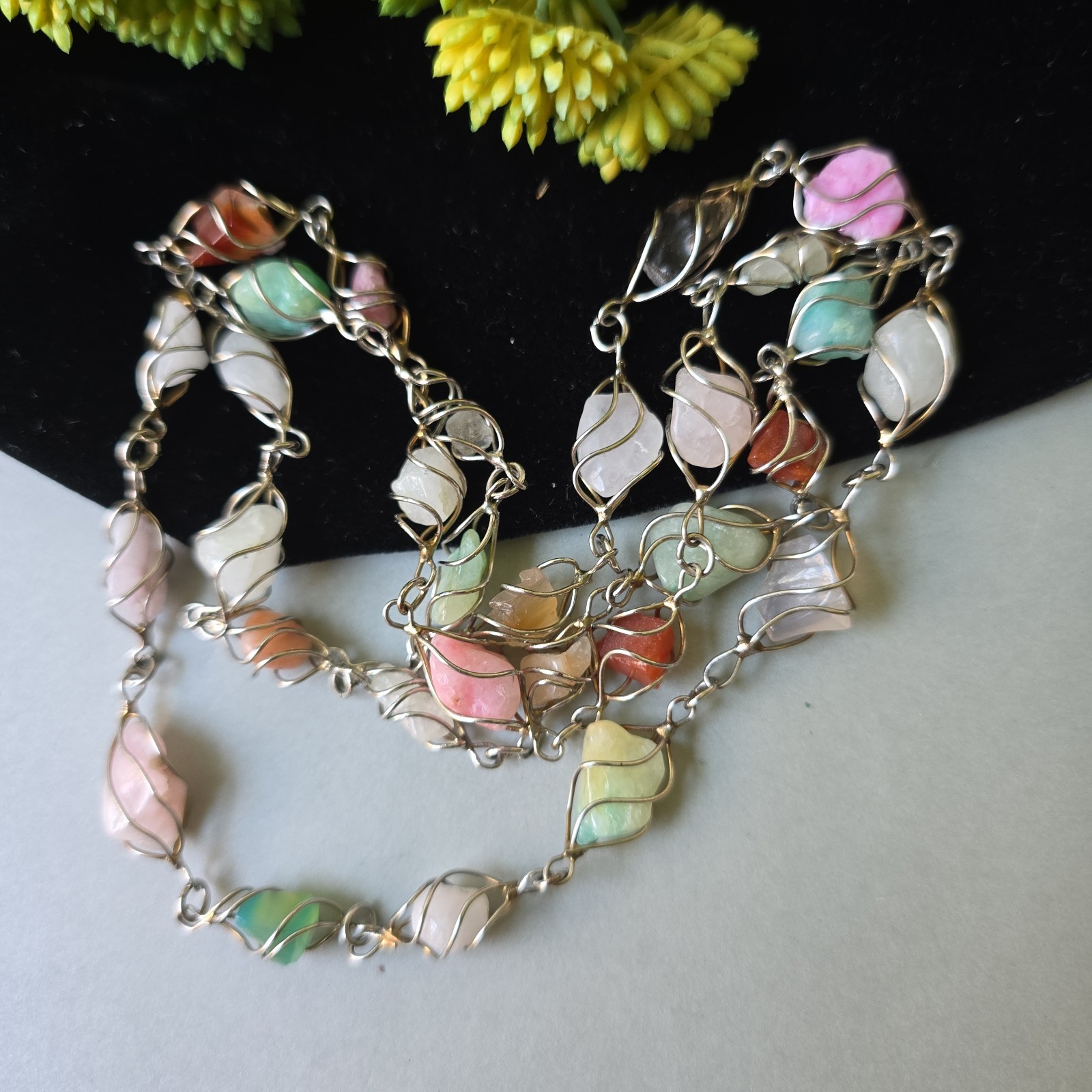 Vintage Stainless Steel Wire Multi Color Quartz Beads Necklace Pull On 30″L