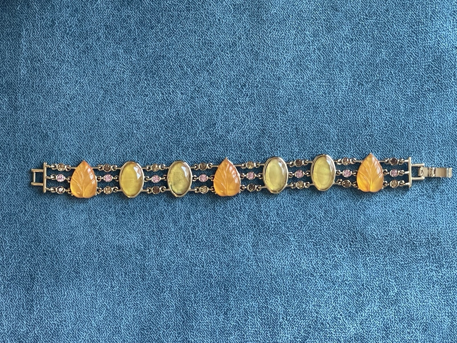 Vintage Opalescent Leaf Bracelet Gold Tone Rhinestone Amber Glass Art Nouveau