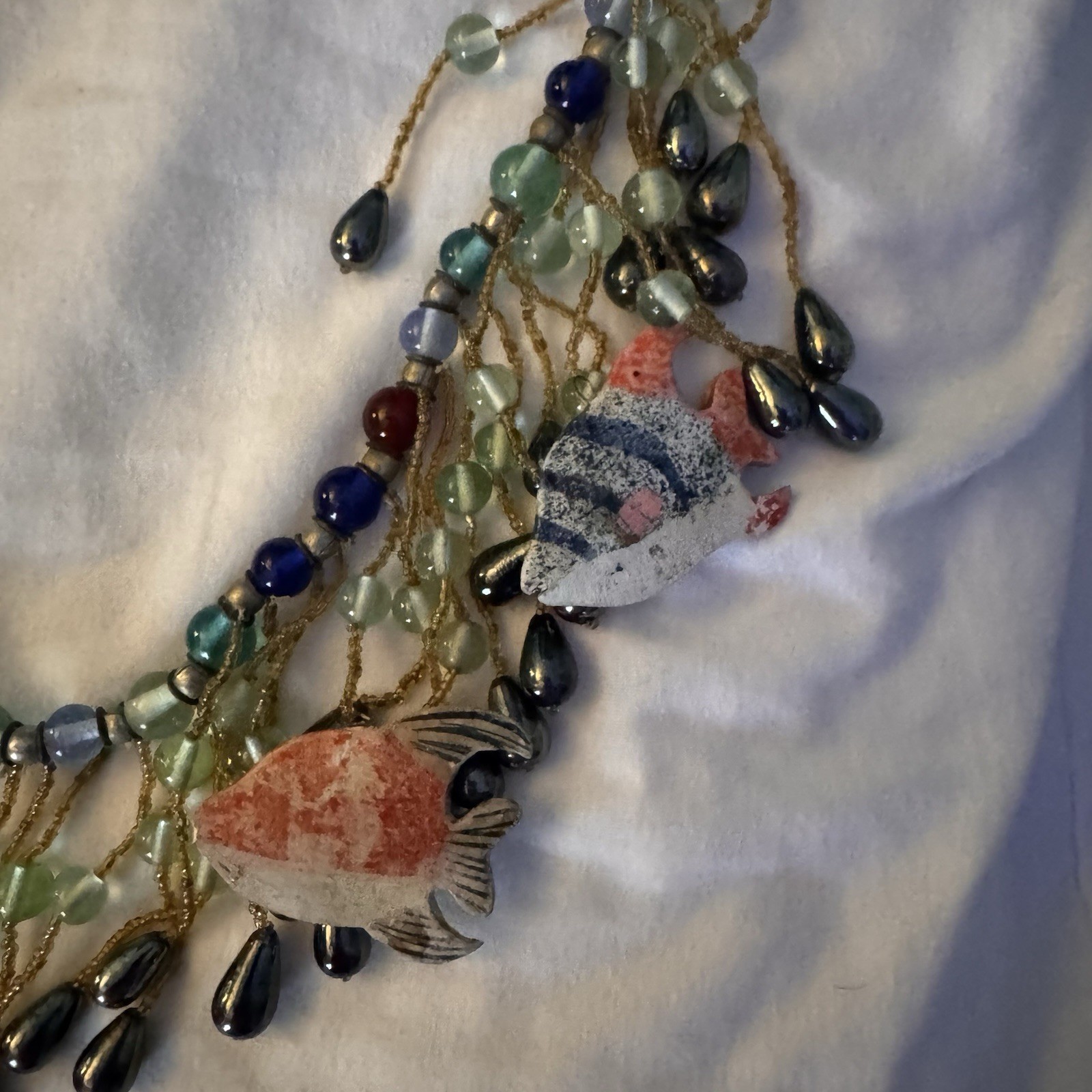 Vintage Tropical Triggerfish Necklace. Beaded, Large, Leave With Rope Tie.