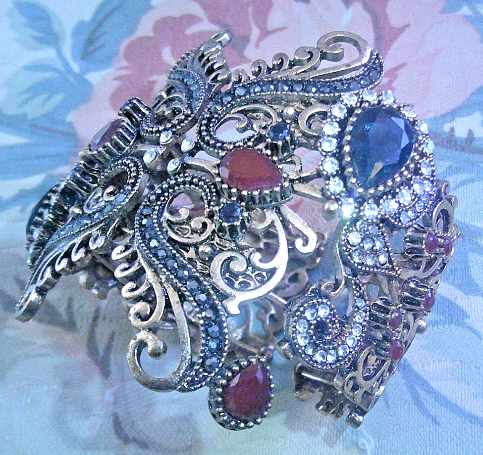 A Vintage Rhinestone Hinged Bracelet Turkish Style Elegant Ornate