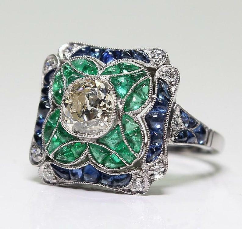 Art Deco 5.55 Ct White Round Cut Sapphire Emerald CZ Flower Wedding Ring In SS