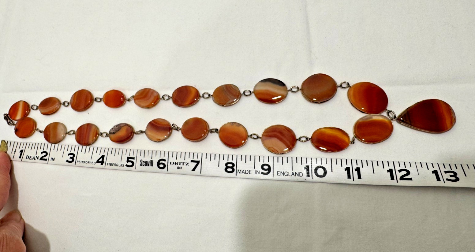 Vtg Polished Tumbled Agate Necklace Orange Brown 26″ Link 1960s 70s Boho Natural