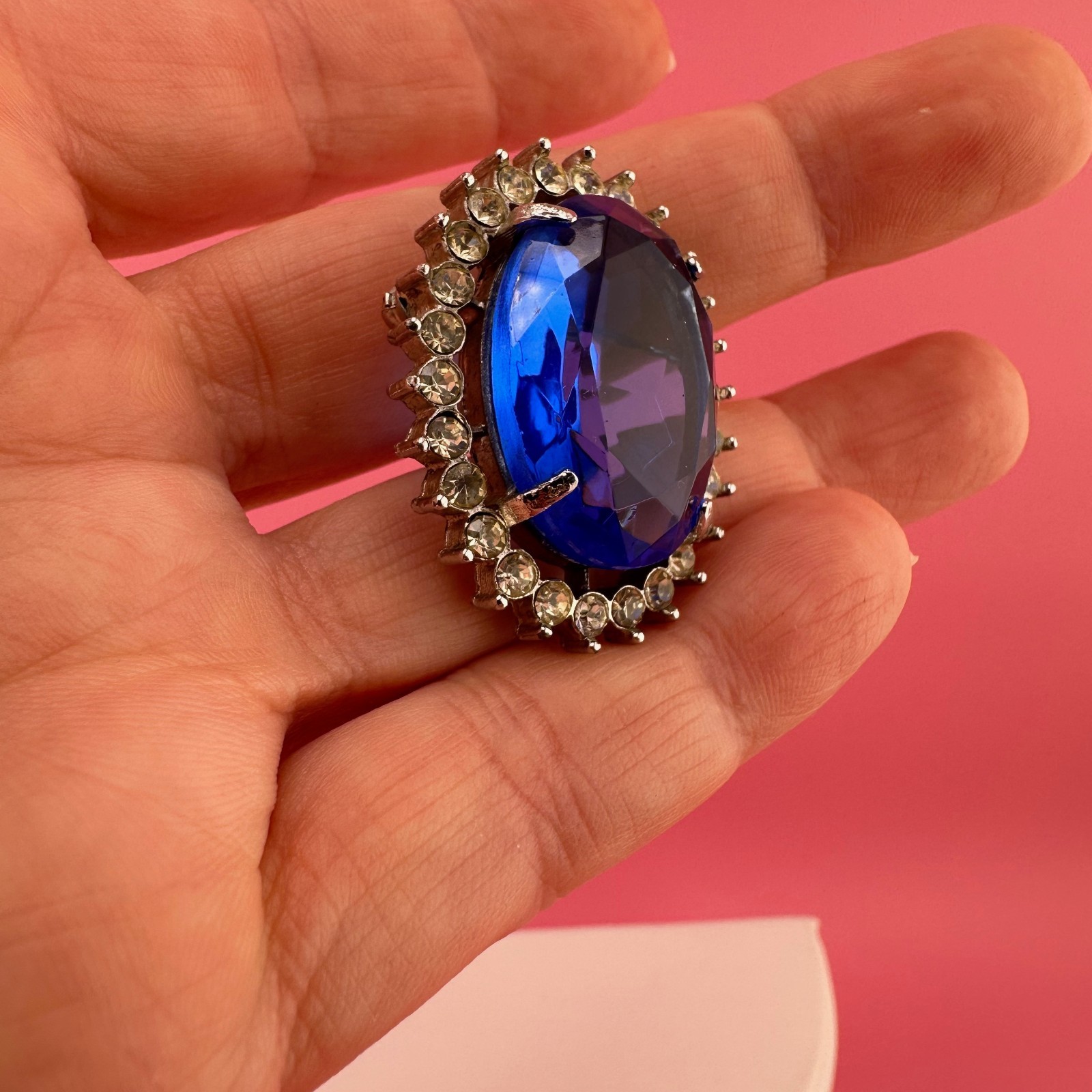 Vintage Crystal Brooch Pendant LG Blue Oval Faceted Stone Open Back Prong Set