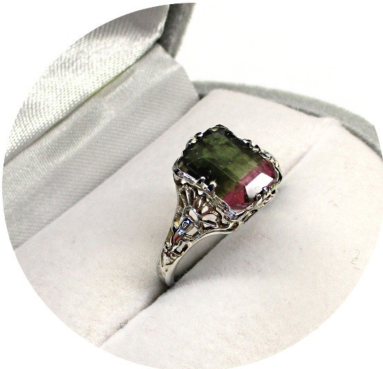 Pretty TOURMALINE Ring, Natural Bi-Color, Red Green – 14k White Gold Filigree