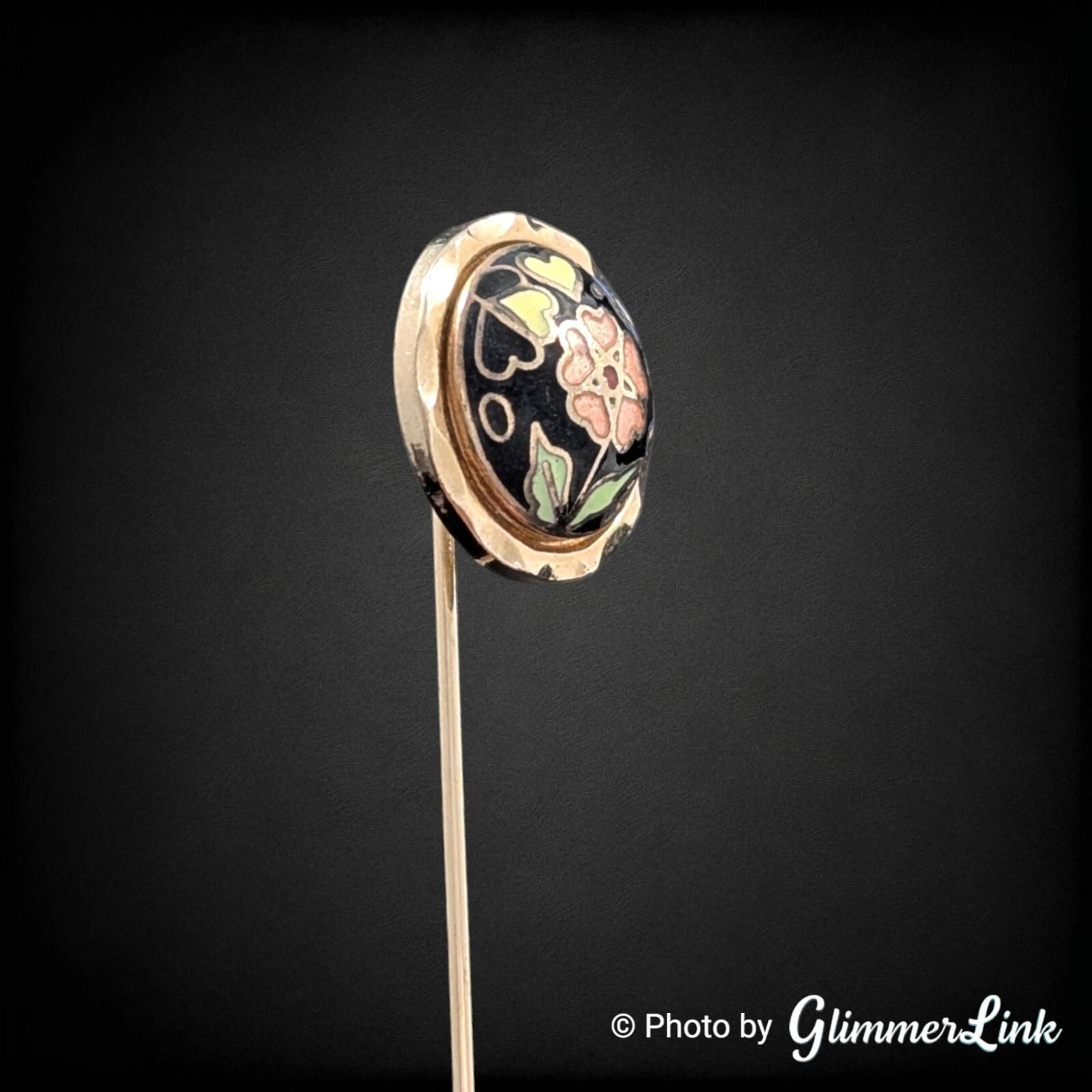 Vintage Round Floral Heart Multicolor Cloisonne Enamel Dome Gold Tone Stick Pin