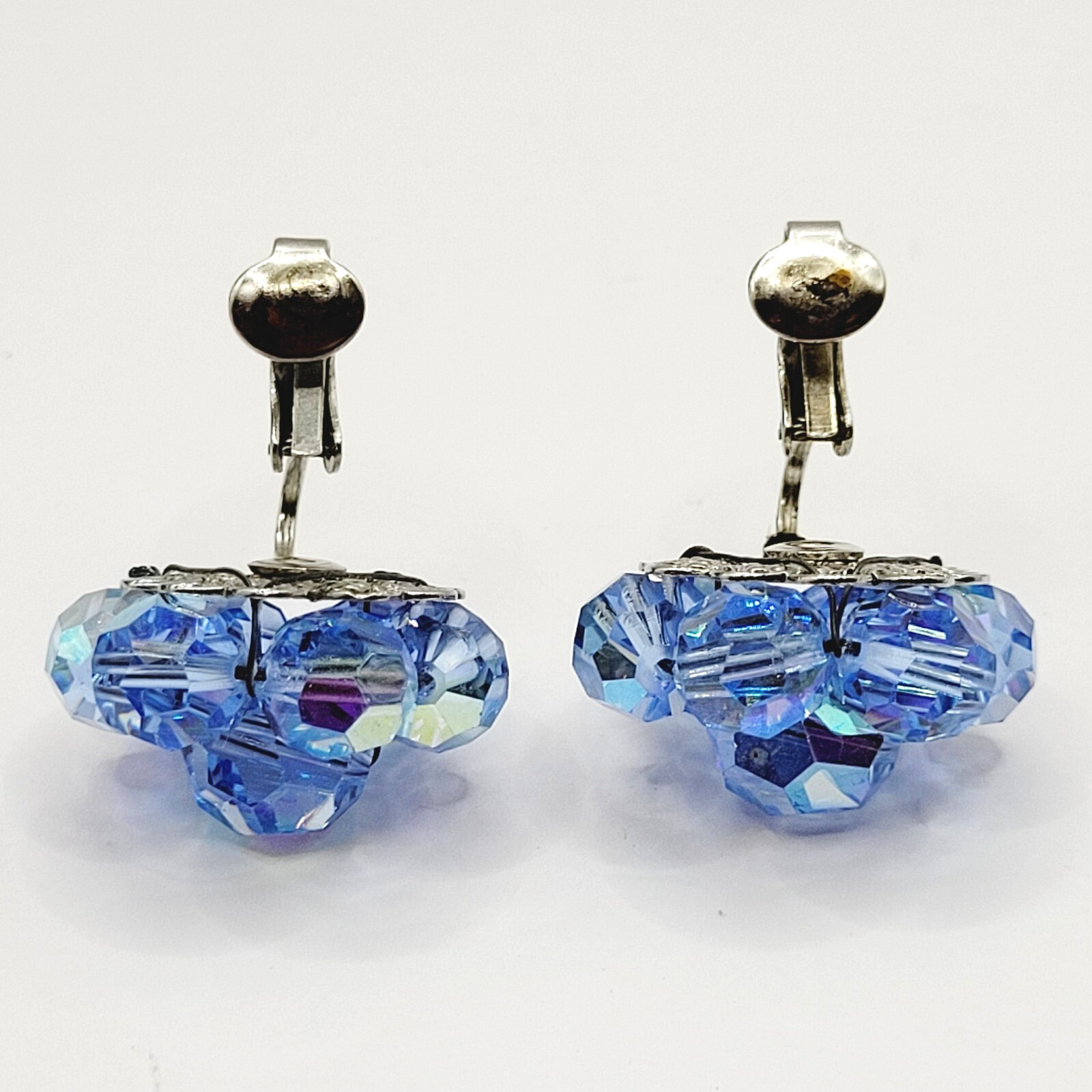 Light Blue Faceted Crystal Bead Cluster Sparkling Fancy Vintage Clip On Earrings