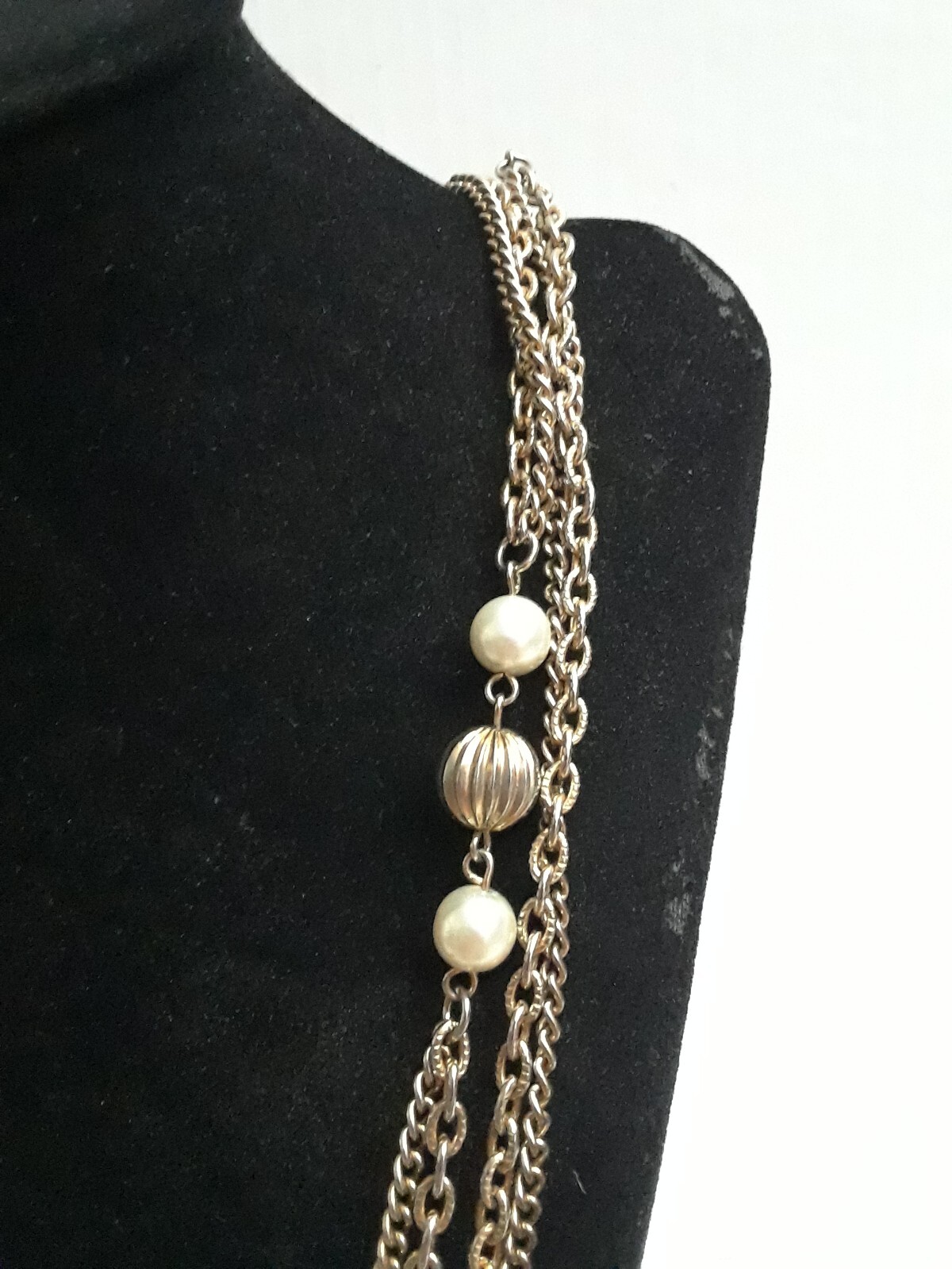 Vintage Extra Long Gold Tone Necklace with Faux Pearls Two Strand 25 in.