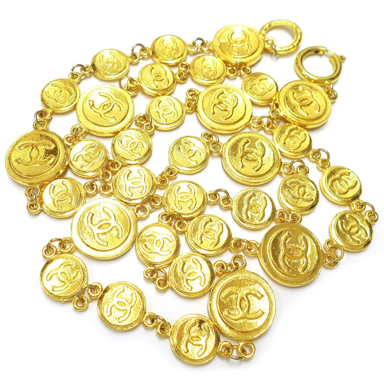 CHANEL Gold Plated CC Logos Vintage Coin Chain Necklace Pendant #1332c Rise-on