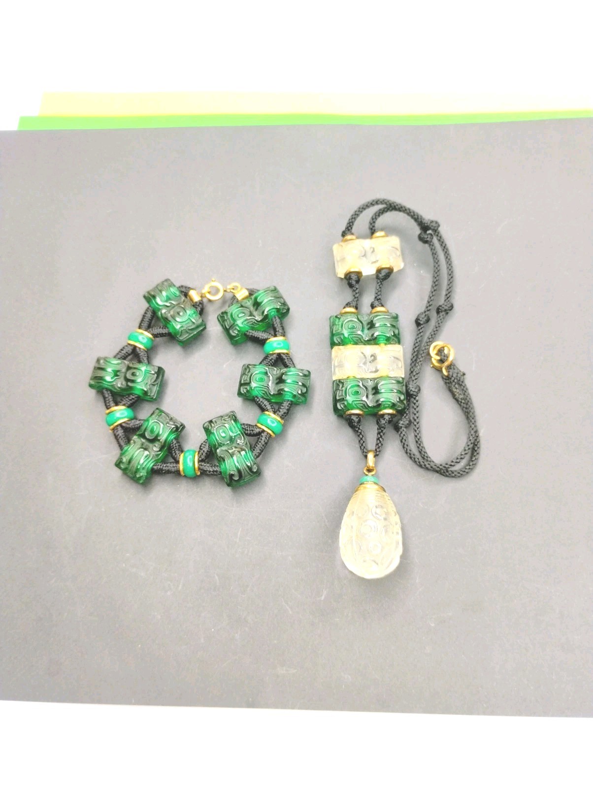 Antique 1920’s France Oreum Metal And Glass Necklace & Bracelet Set