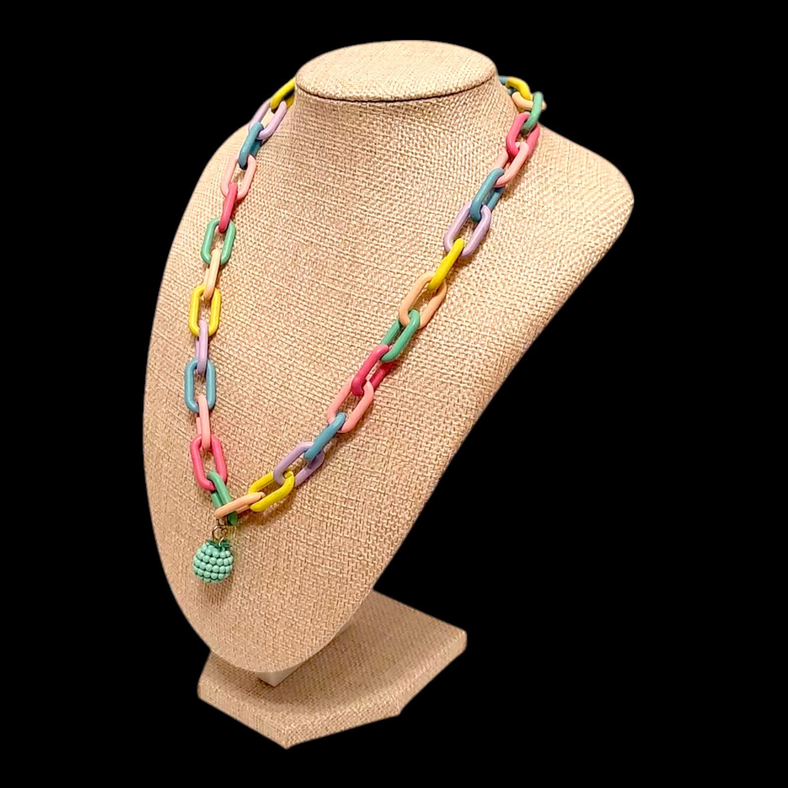VTG Chunky Paperclip Chain Bright Colors Drop Pendant Statement Necklace 19″