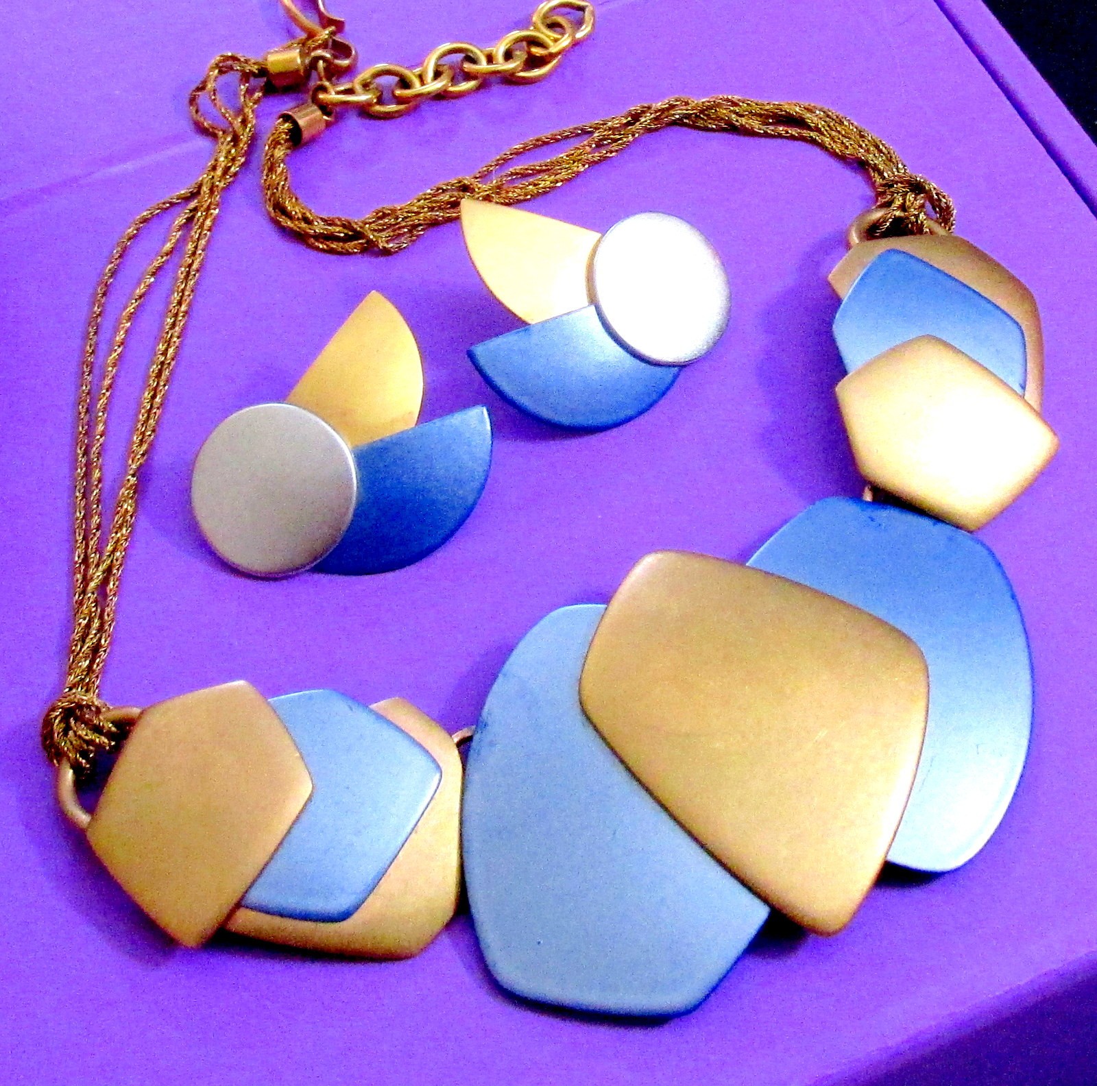 VTG RUNWAY DECO MONET “ALL THAT JAZZ” METALLIC BLUE GP NECKLACE EARRINGS ’85