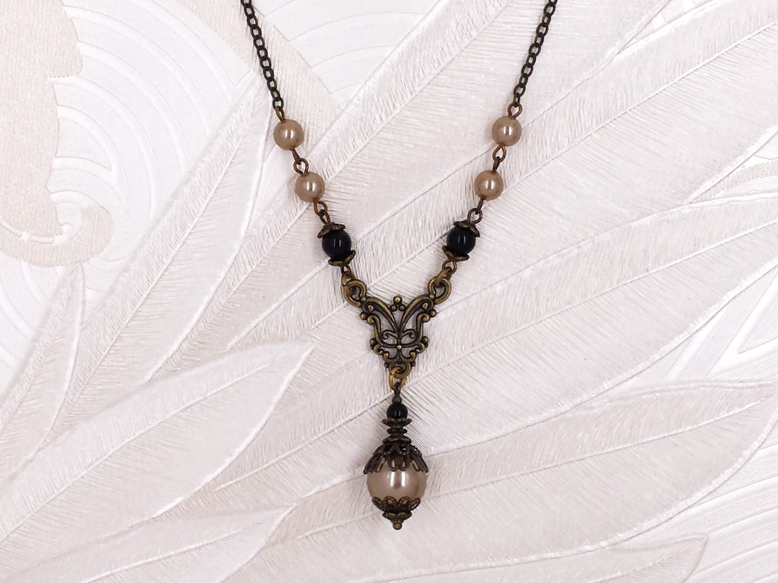 Art Nouveau Necklace Champagne Gold Crystal Pearl Black Bead Victorian Jewelry