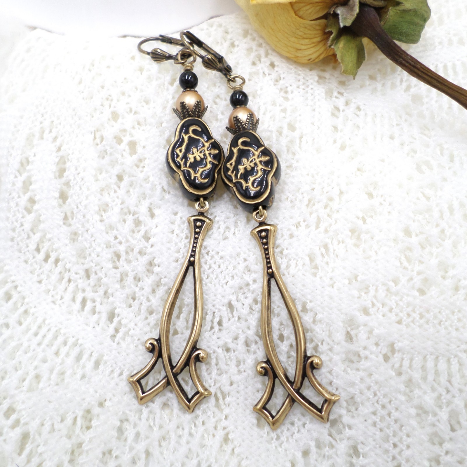 Antique Brass Dangle Earrings Black Gold Floral Acrylic Beaded Victorian Jewelry
