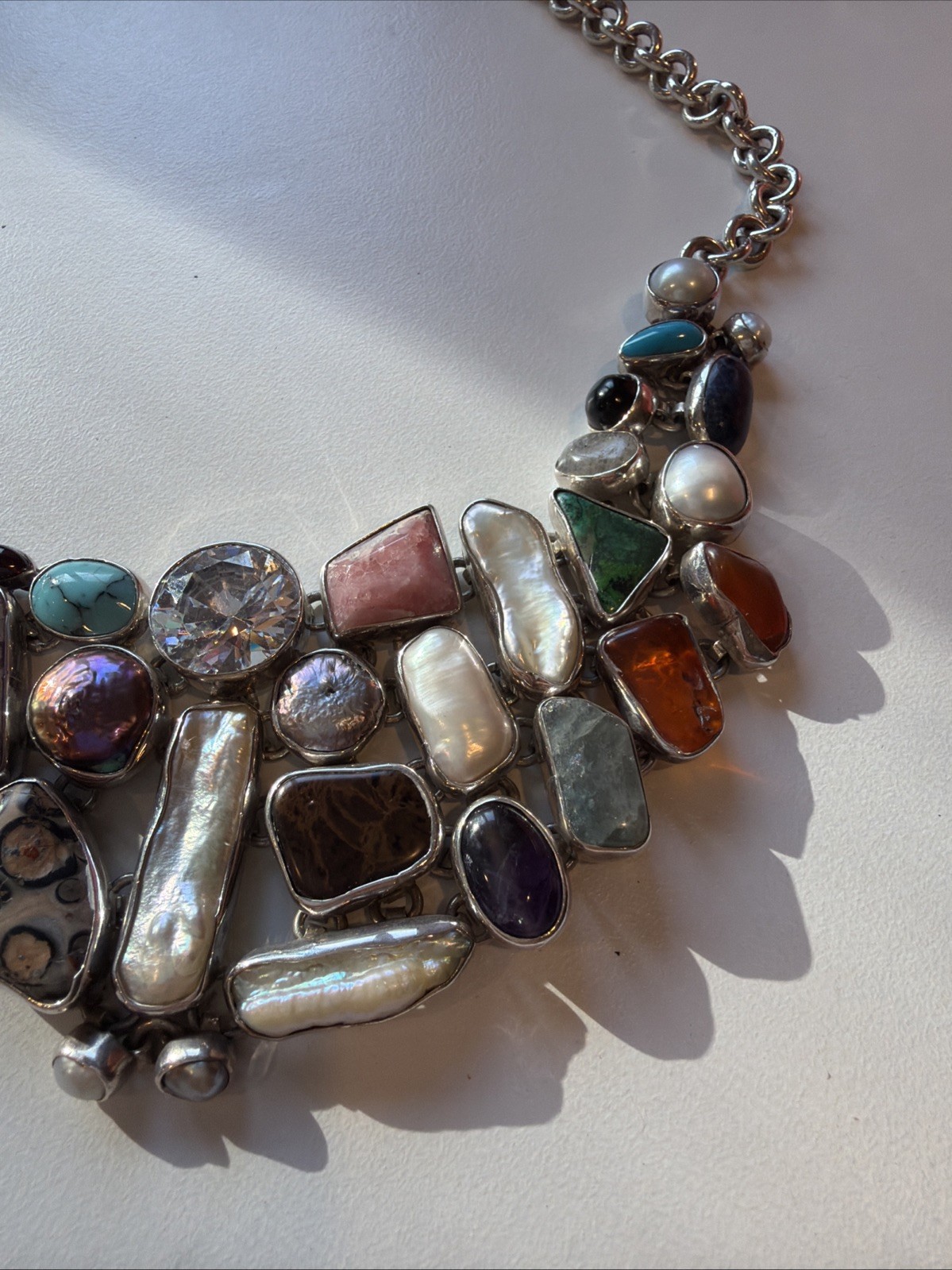 Mexico 950 Silver Multi Stone Necklace Daria Signed Statement Bib