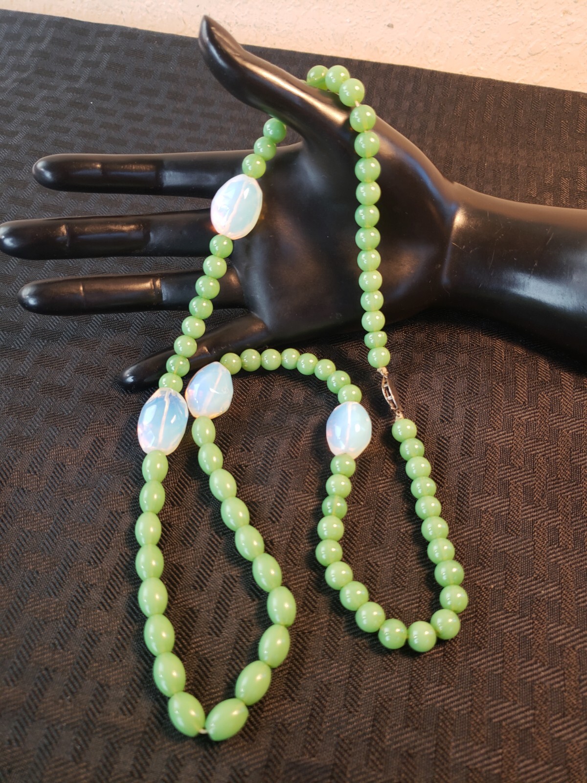 Vintage Opaline and Sage Green Glass Bead Necklace 29″