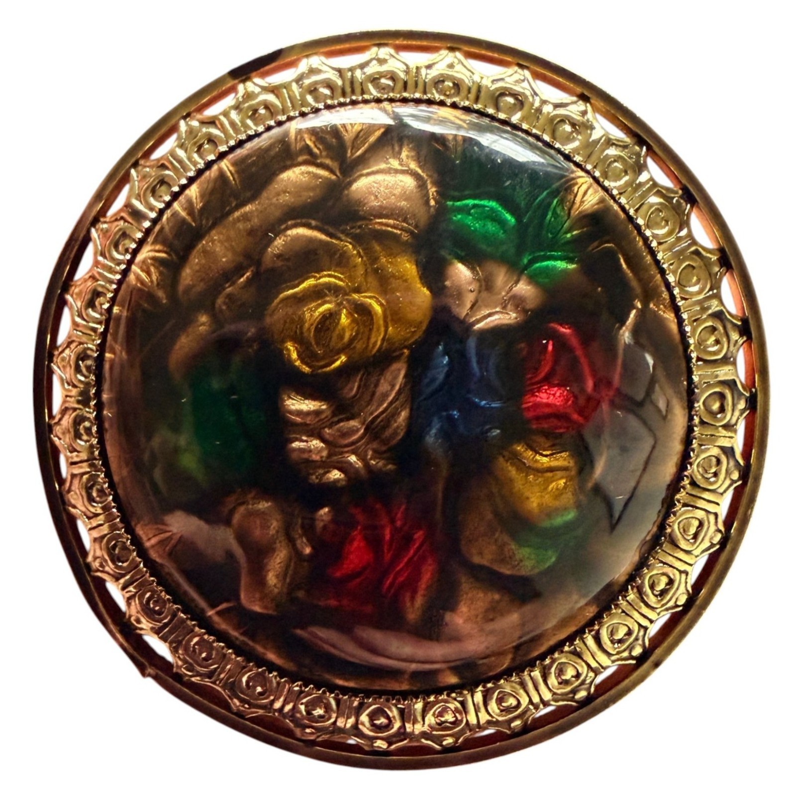 Vintage Reverse Carved Lucite Brooch Gold Tone Floral Pin 1950s New Old Stock