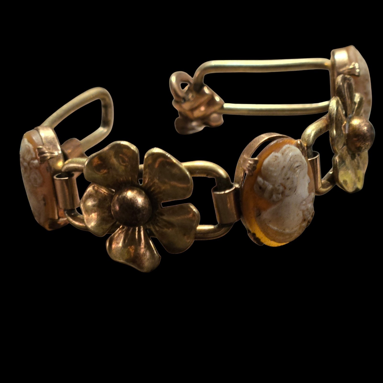 Vtg Kreisler Gold Filled Cameo Flower Link Two Tone Bracelet 1940s