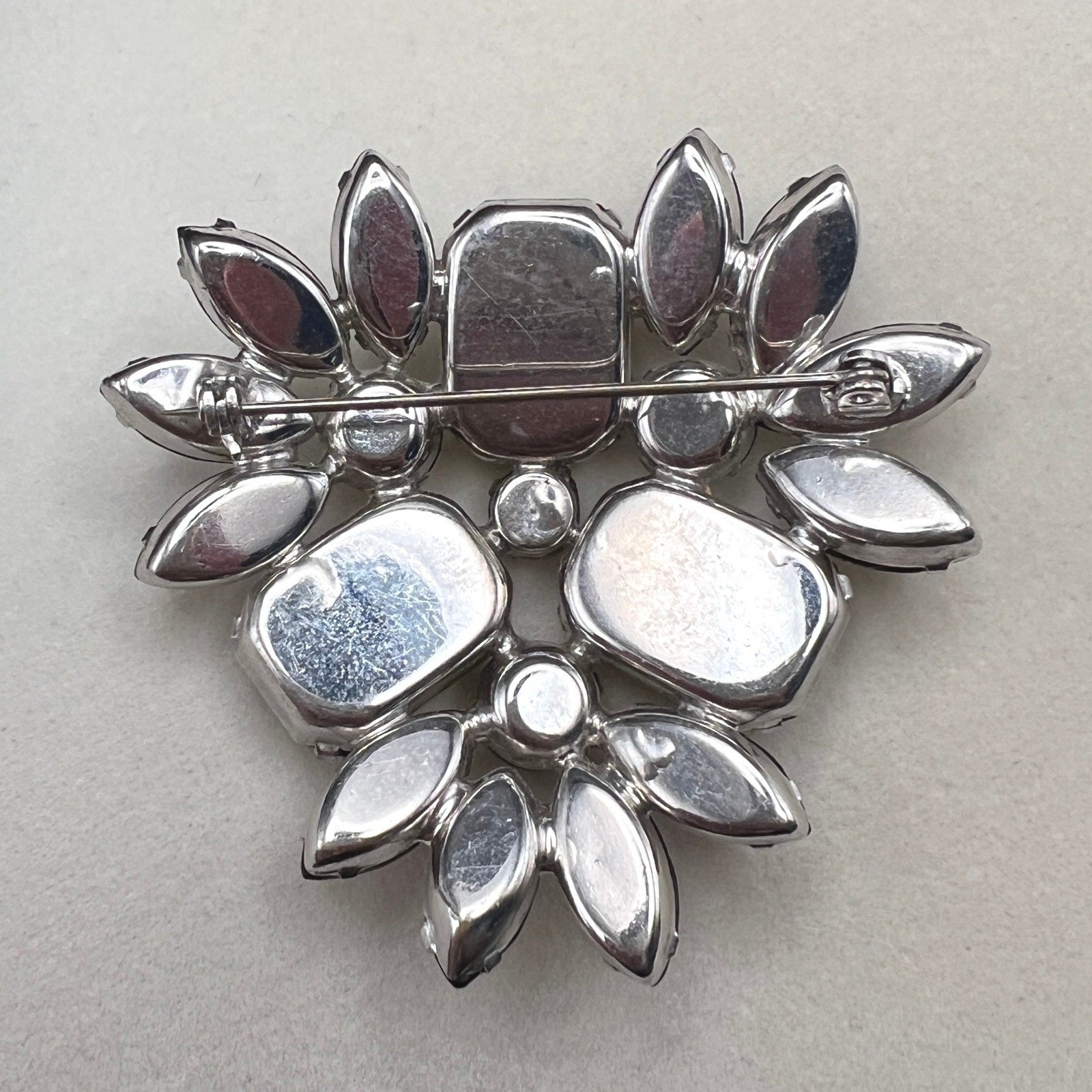 Vintage Rhinestone Brooch Black Crystal Domed Floral Spray