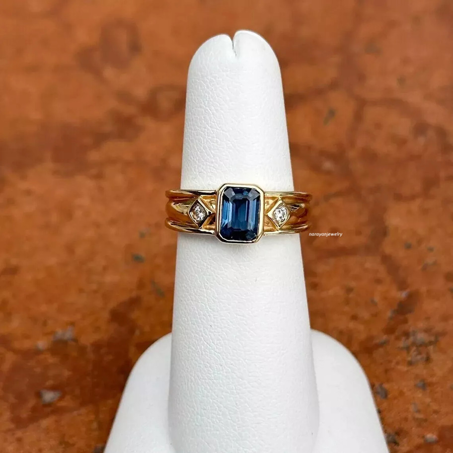 Vintage Style Emerald Medium Blue Sapphire Lab Created Diamond Gold Finish Ring