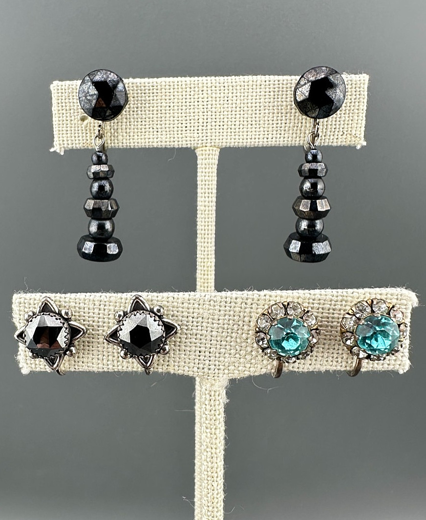 Vintage Earrings Lot Sterling Silver Gemstone Crystal Screw Back Blue Hematite