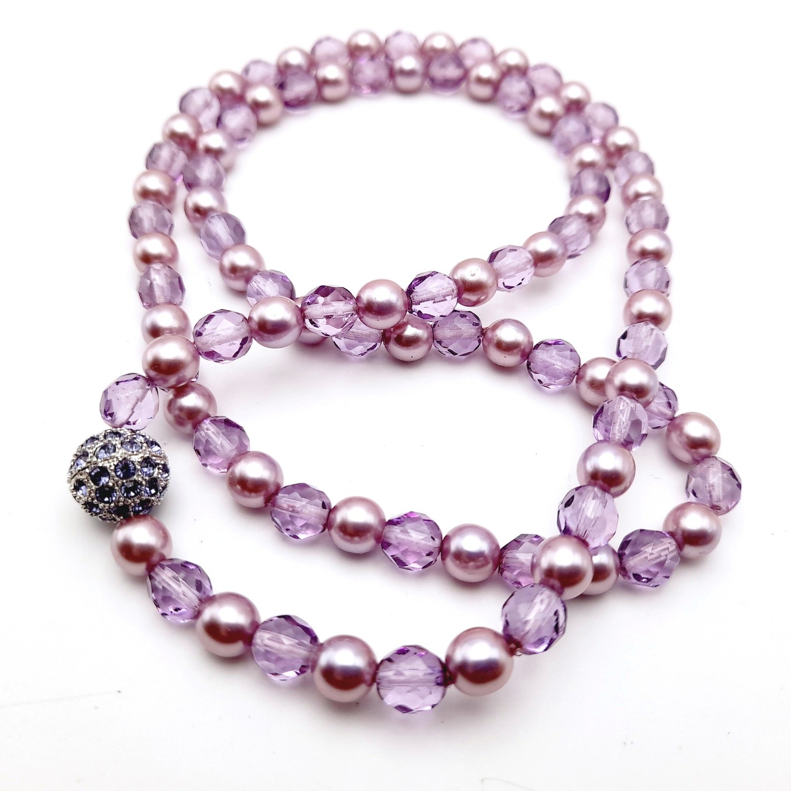 Vintage Joan Rivers Lavender Glass Pearls Crystal Beaded Necklace, Screw Clasp