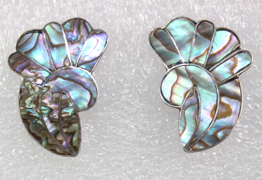 Vtg Sterling & Abalone Shell Earrings Signed, Silver Screw Back 1-1/8″ Mexico