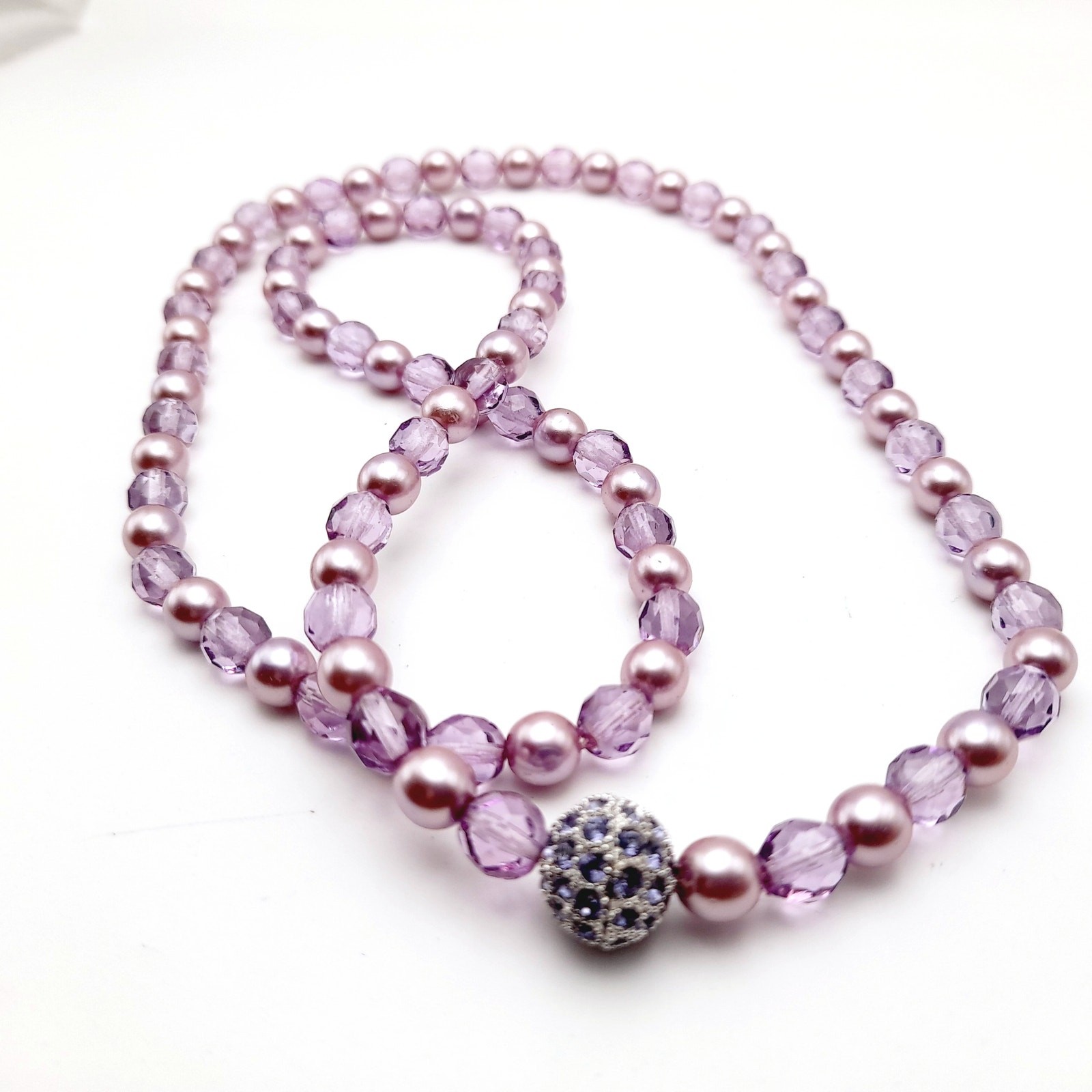 Vintage Joan Rivers Lavender Glass Pearls Crystal Beaded Necklace, Screw Clasp