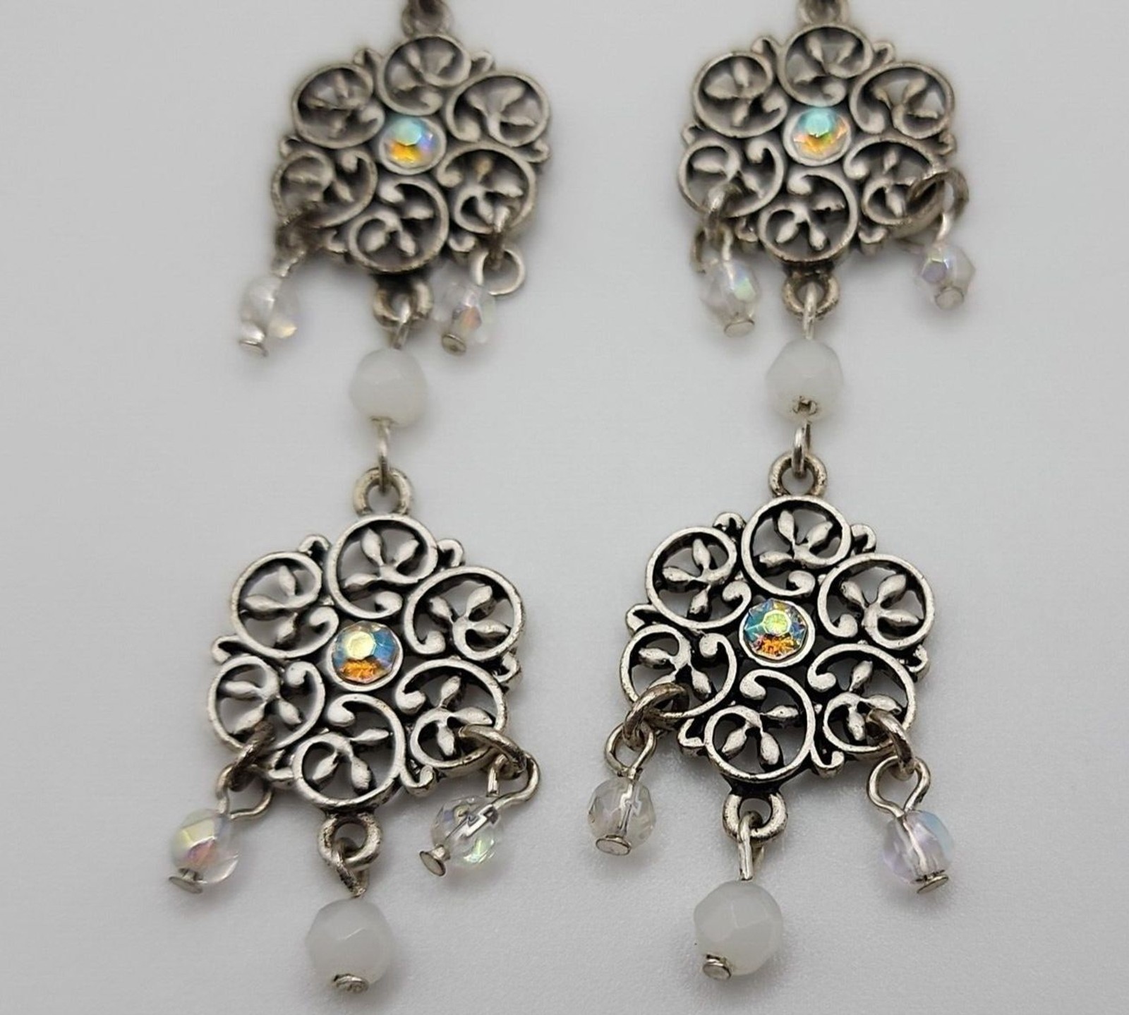 N A Clear Rhinestone & Bead Silver Tone Floral Dangle Earrings