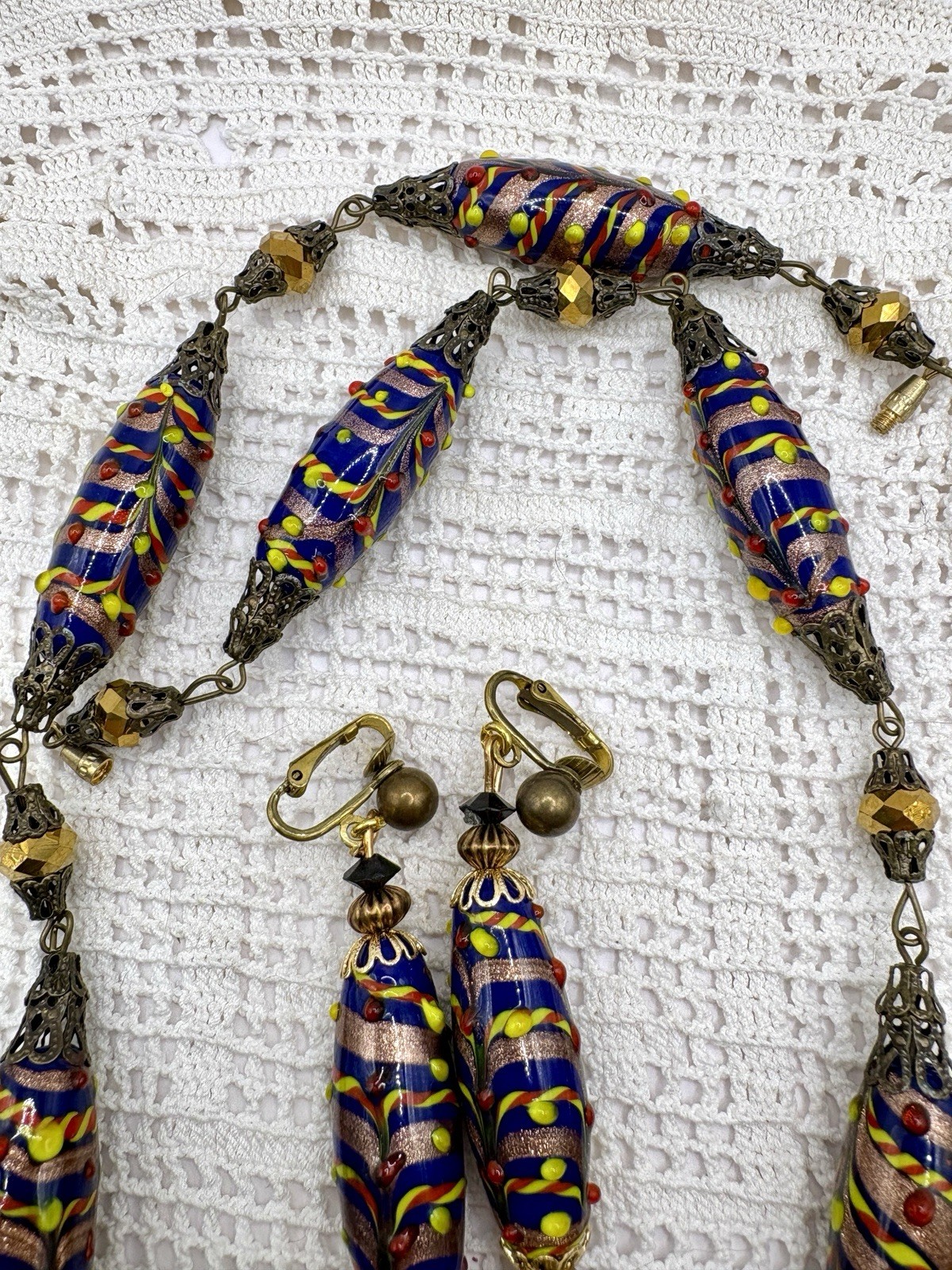 Vintage Czech Lampwork Trailed Aventurine Multicolor Bead Necklace Earring Set