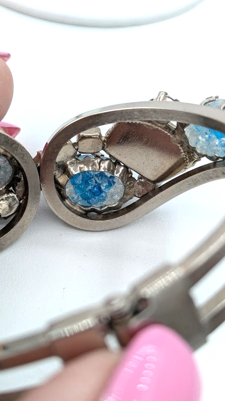 Vintage Rhinestone Clamper Bracelet Crackle Cabochon Blue Glass