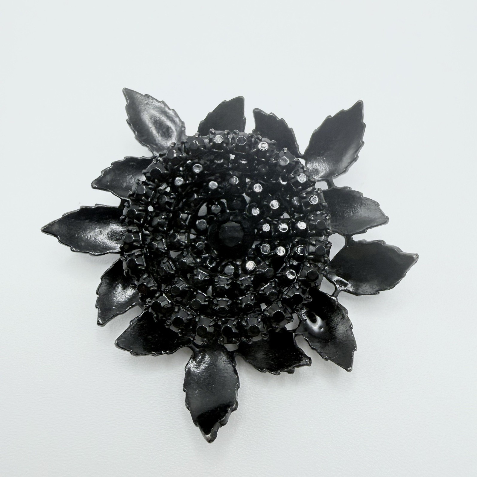Albert Weiss Black Rhinestone and Enamel Flower Pin Brooch Signed Vintage