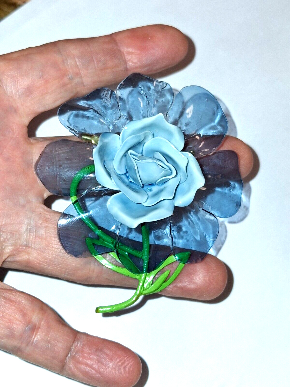 Antique Cellulose Acetate Plastic Blue Flower Pin Brooch RARE