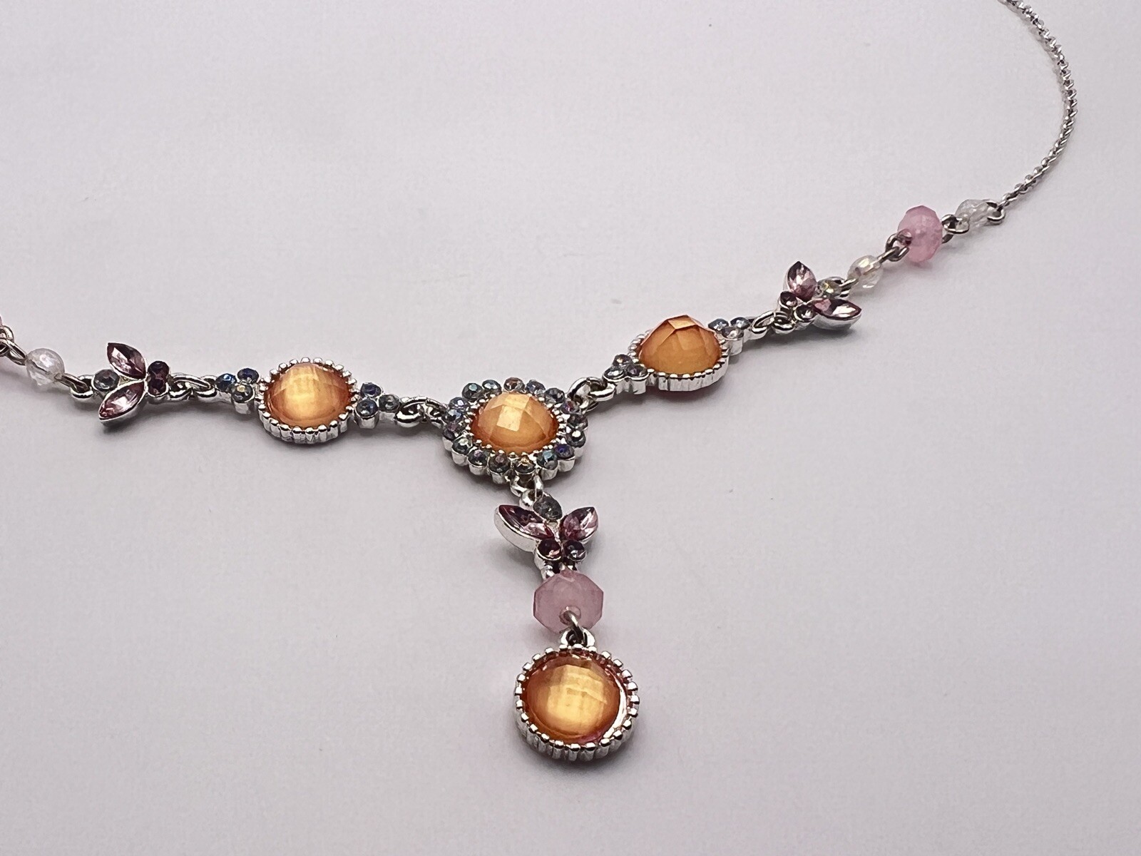 Vintage Silver Tone Orange Pink Rhinestone Butterfly Dangle Necklace 21 In