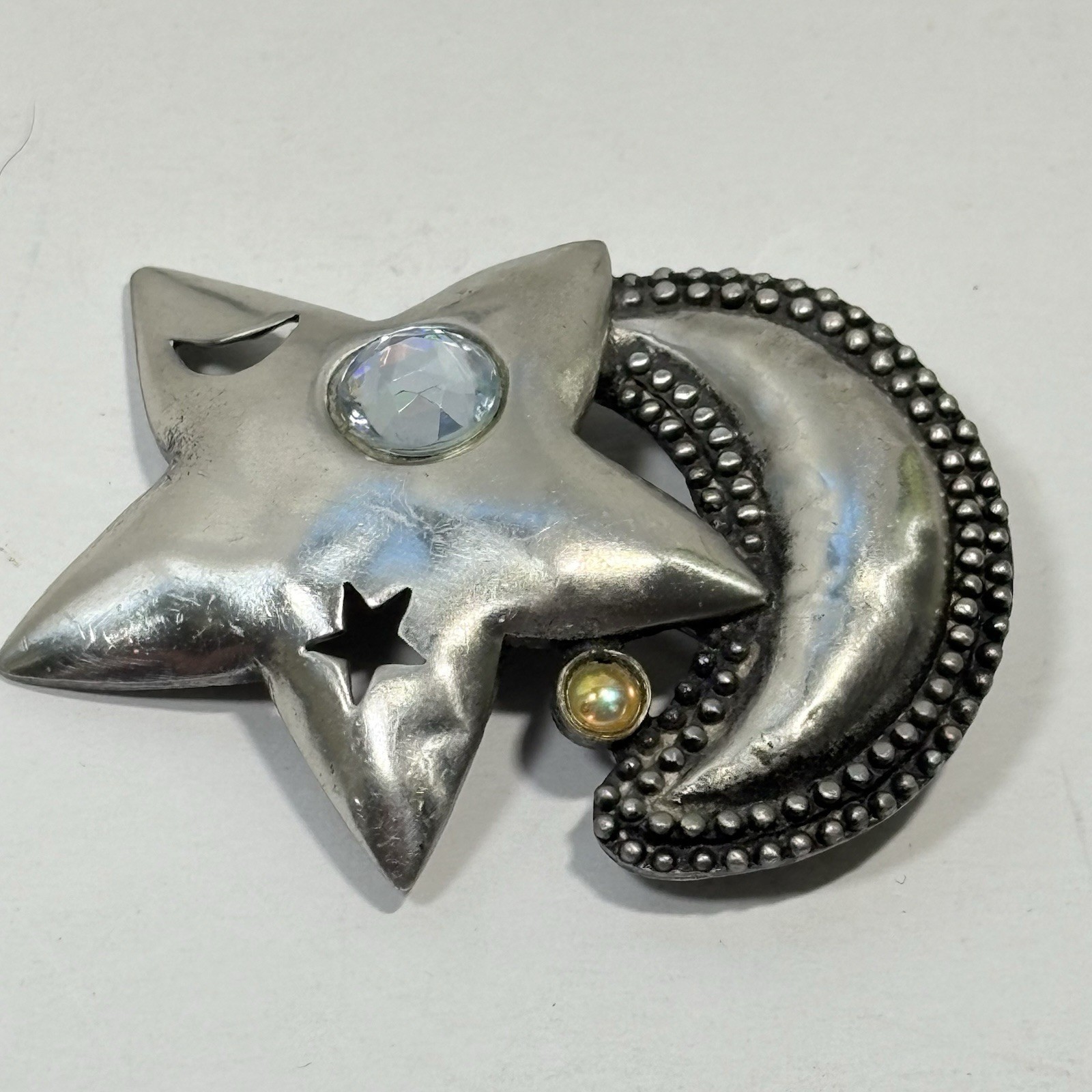 Vintage J.J Jonette Pewter Star Crescent Moon Pin Crystals Pierced Celestial 2″