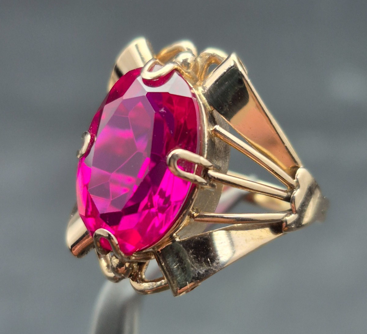Vintage Soviet 14K Rose Gold Ring 583 with Ruby Stone • Original USSR Jewelry