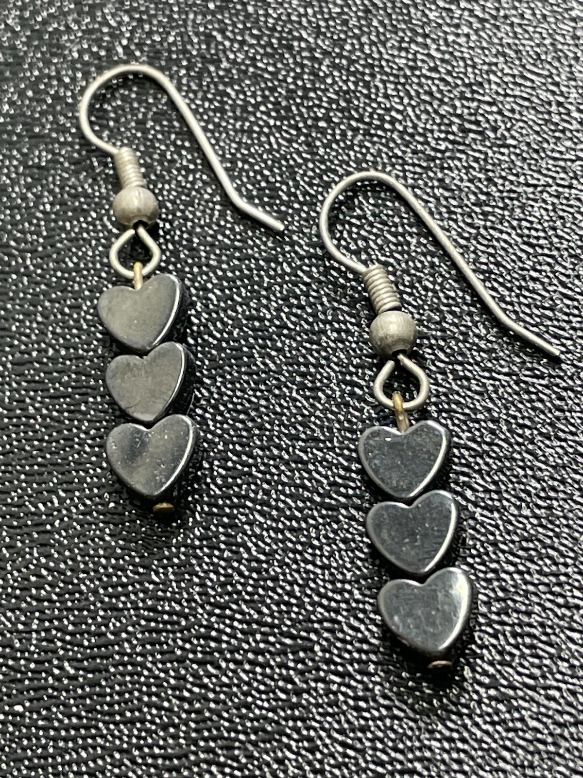 Vintage 1.5” Silver Hematite Gemstone Heart Beaded Dangle Earrings