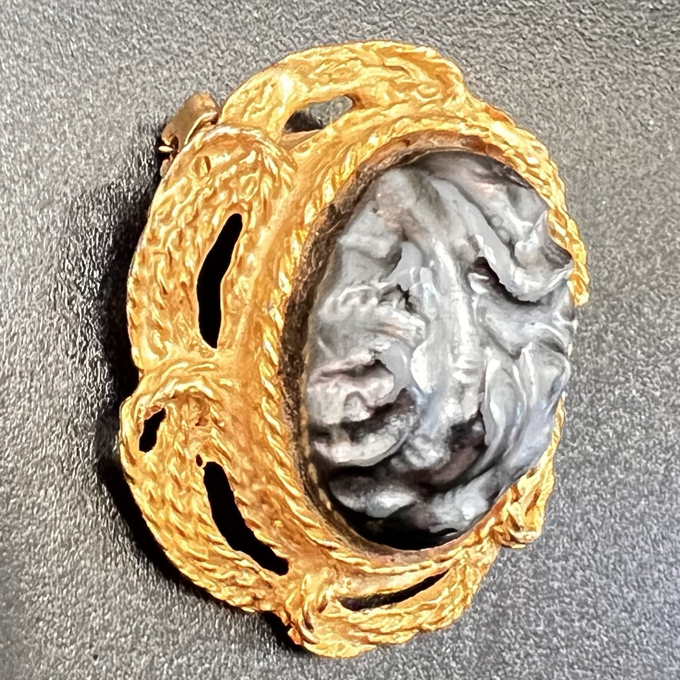 Vintage Black Carved Cameo Style Brooch Gold Tone Ornate Statement Pin