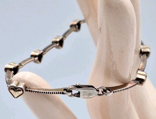 VTG STERLING SILVER & 14K WJ Signed TwoTone Puffy Heart Bar Link Dainty Bracelet