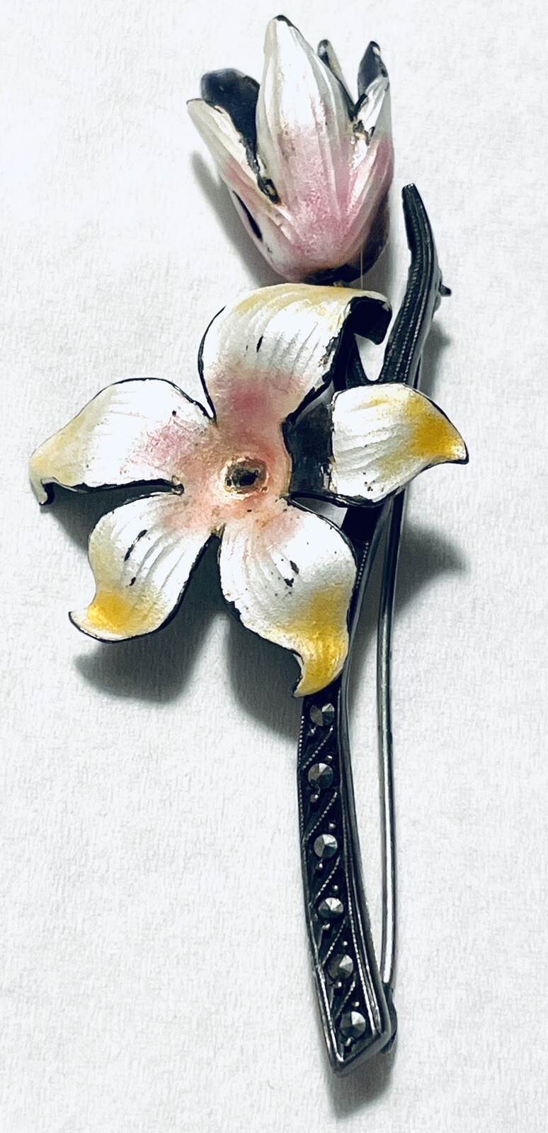 Antique Sterling Silver Enamel Marcasite Floral Brooch Pink & Yellow Large Pin