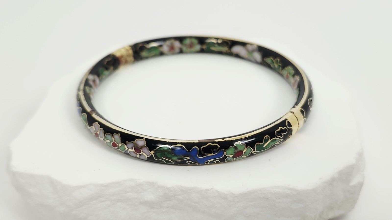 Vintage Chinese Black Cloisonné Enamel Bangle Bracelet Floral Hinged Gilt Brass