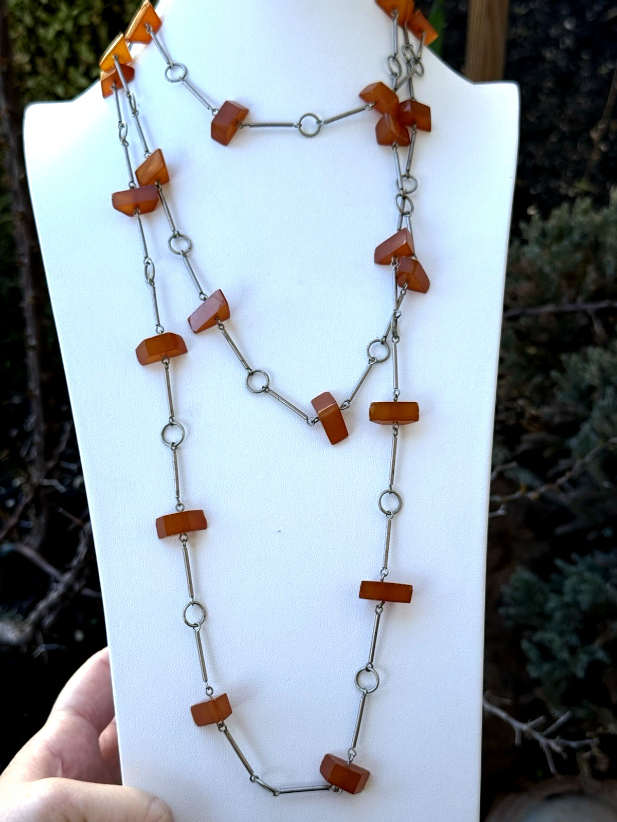 ANTIQUE Vintage Genuine BALTIC AMBER Butterscotch Silver Bar Link Necklace 72″!