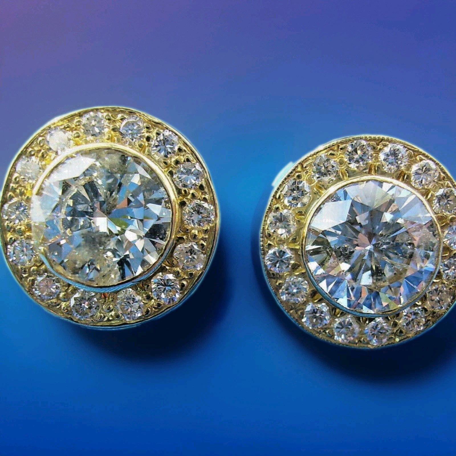Original EARTH MINED DIAMOND Deco Bezel set Halo Studs Earrings SOLID 18K GOLD