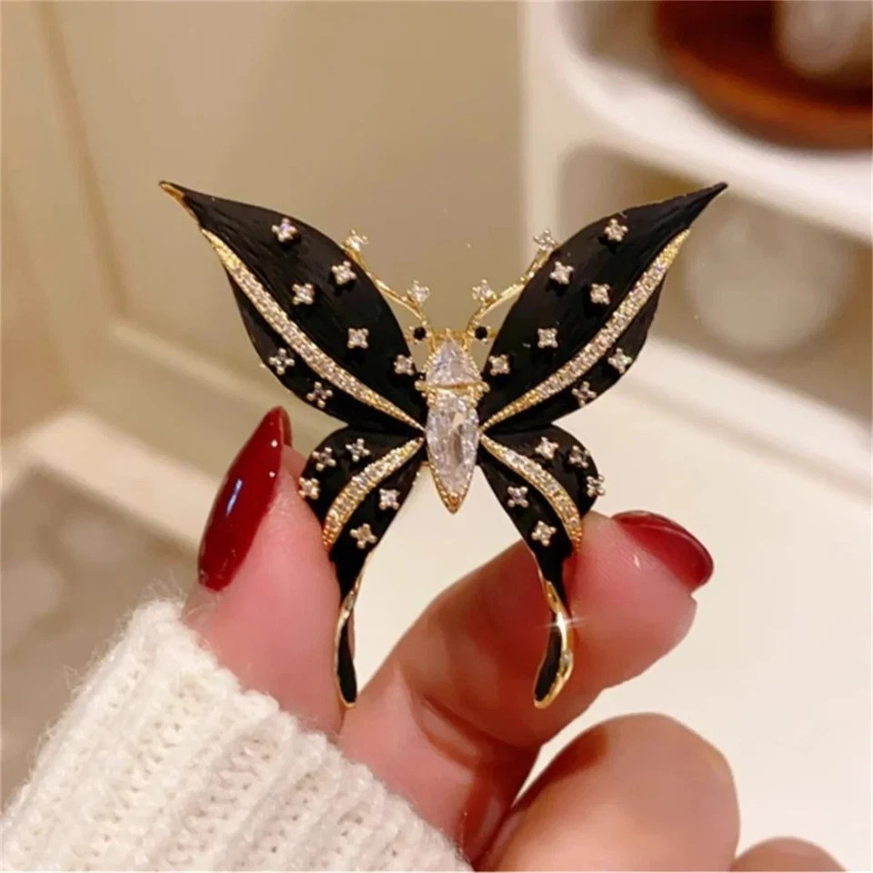 Vintage Black Enamel Butterfly Brooch Gold Tone Crystal Rhinestone Pin