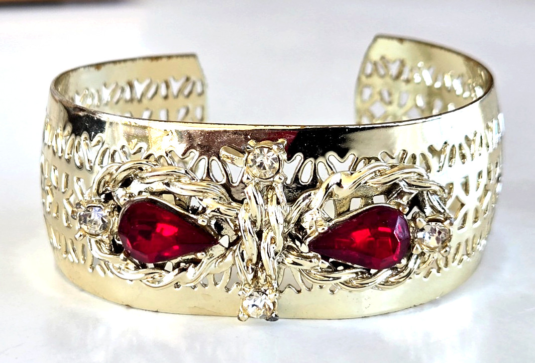 Vintage Red & Clear Rhinestone Gold Tone Lace Cuff Bracelet 6-3/8″