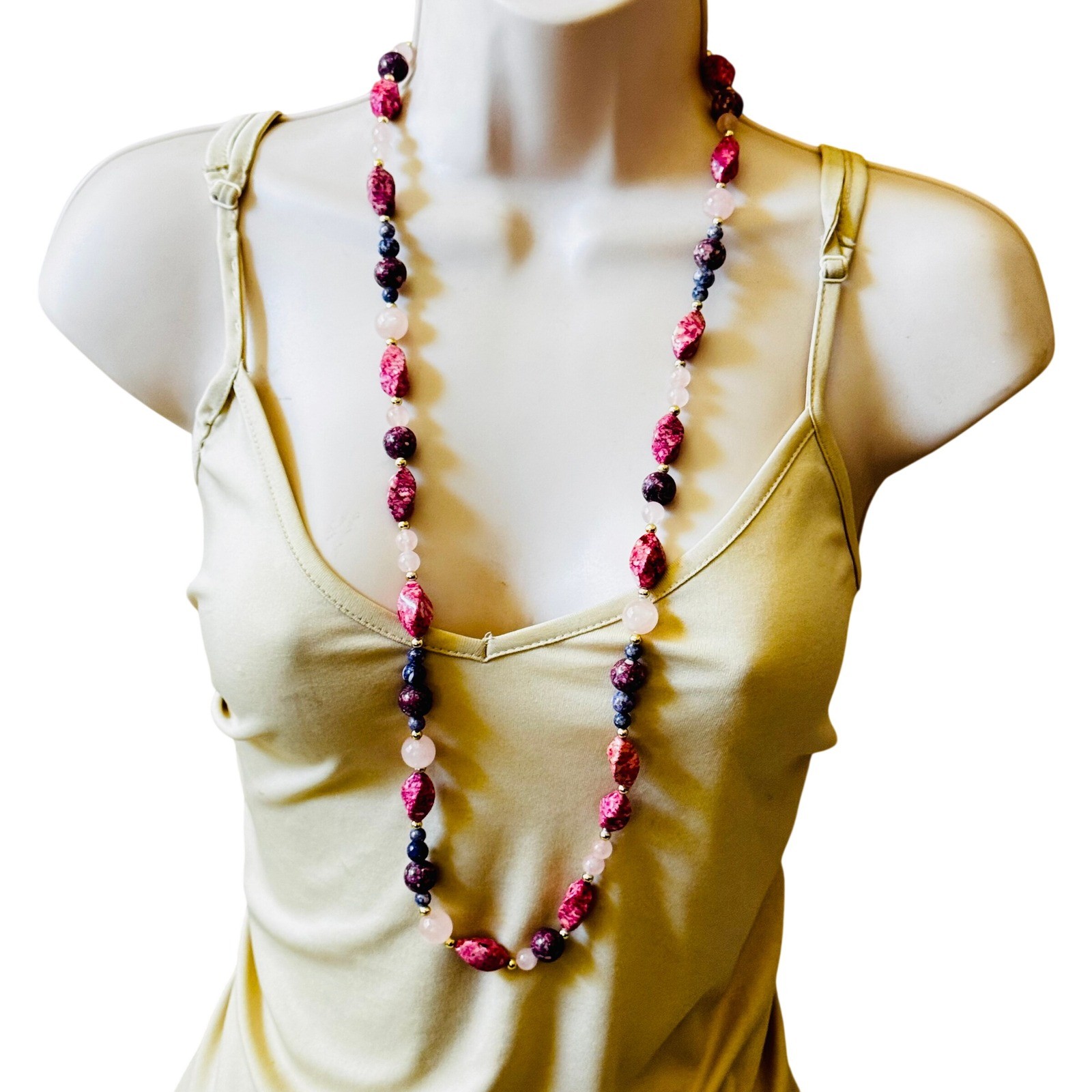 VTG Czech Art Glass Beaded Picasso Necklace Purple Pink Quartz Beads Flapper 34″